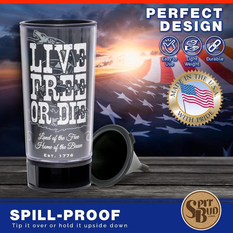 Spit Bud Liberty or Death #4 The Ultimate Spittoon for Chew - Portable Dip & Snuff Cup with Lid, Pop Tab, Spill-Proof Funnel, Can Cutter & Holder - Fit in Cup Holders - Holds 8oz - Made in USA - Image 5
